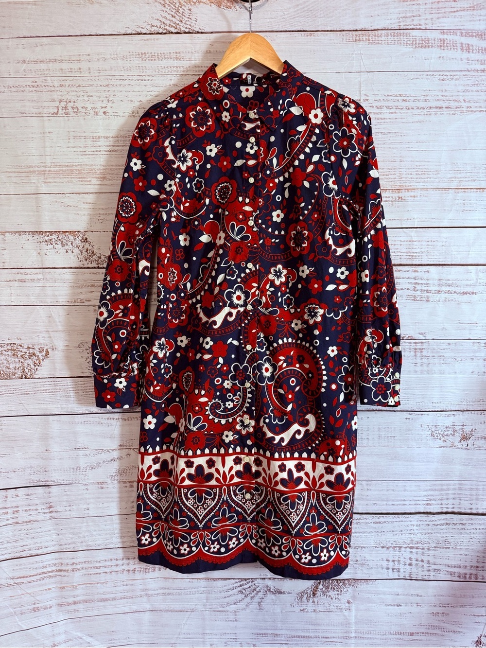Talbots Navy Floral Paisley with Red/White Accents Button Up Shirtdress